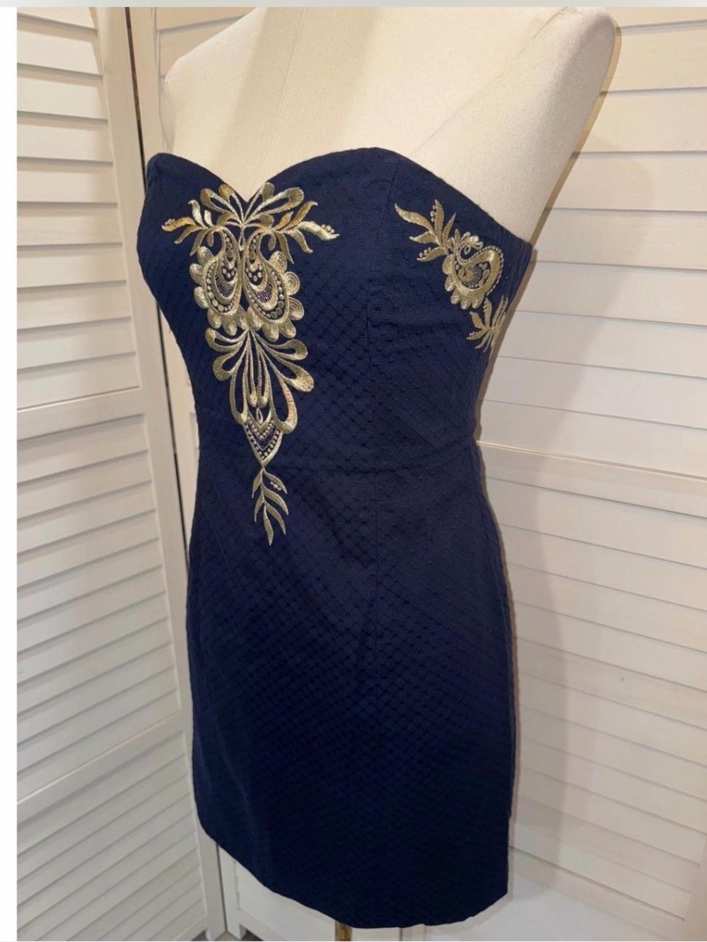 Lilly Pulitzer Demi Dress Women True Navy Gold Embroidered Strapless Mini 00 new - Picture 3 of 8